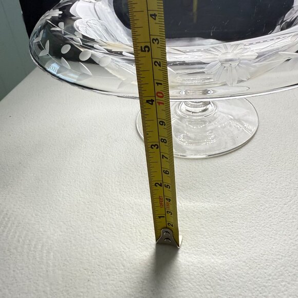 Vintage Etched Glass Pedestal Compote Bowl With Floral Design Clear Glass 6" Wid - Picture 9 of 9